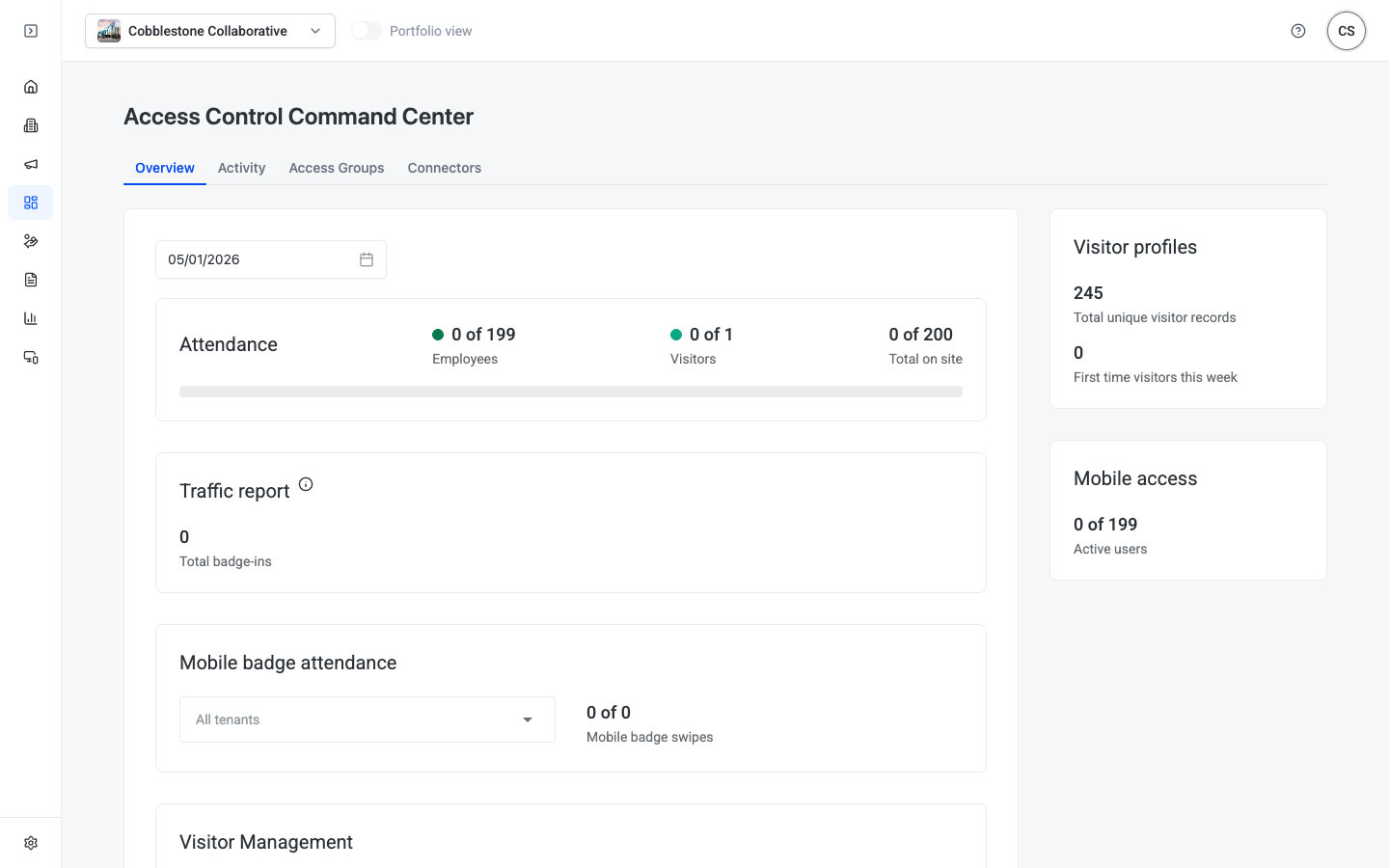 HqO Admin Access Control Command Center showing Overview tab with Attendance, Traffic report, Mobile badge attendance, Visitor profiles, and Mobile access panels