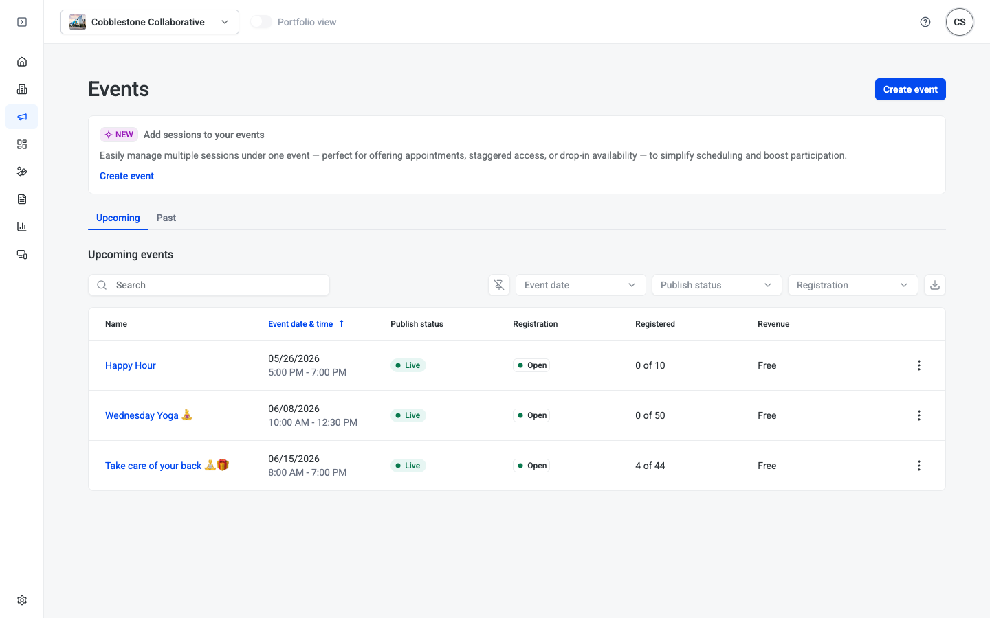 Events list page showing upcoming events with status, registration count, and revenue columns