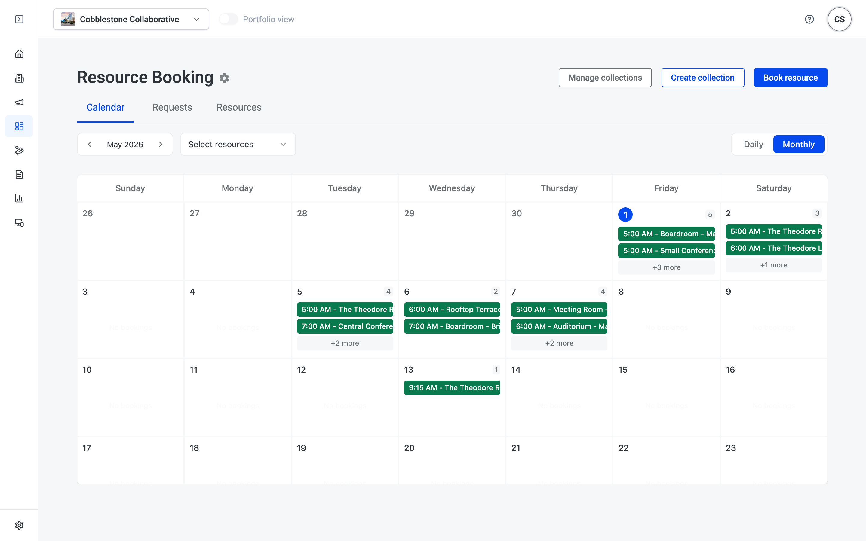 Resource Booking monthly calendar view showing booked spaces including conference rooms, rooftop areas, and lounges across May 2026 with green booking chips