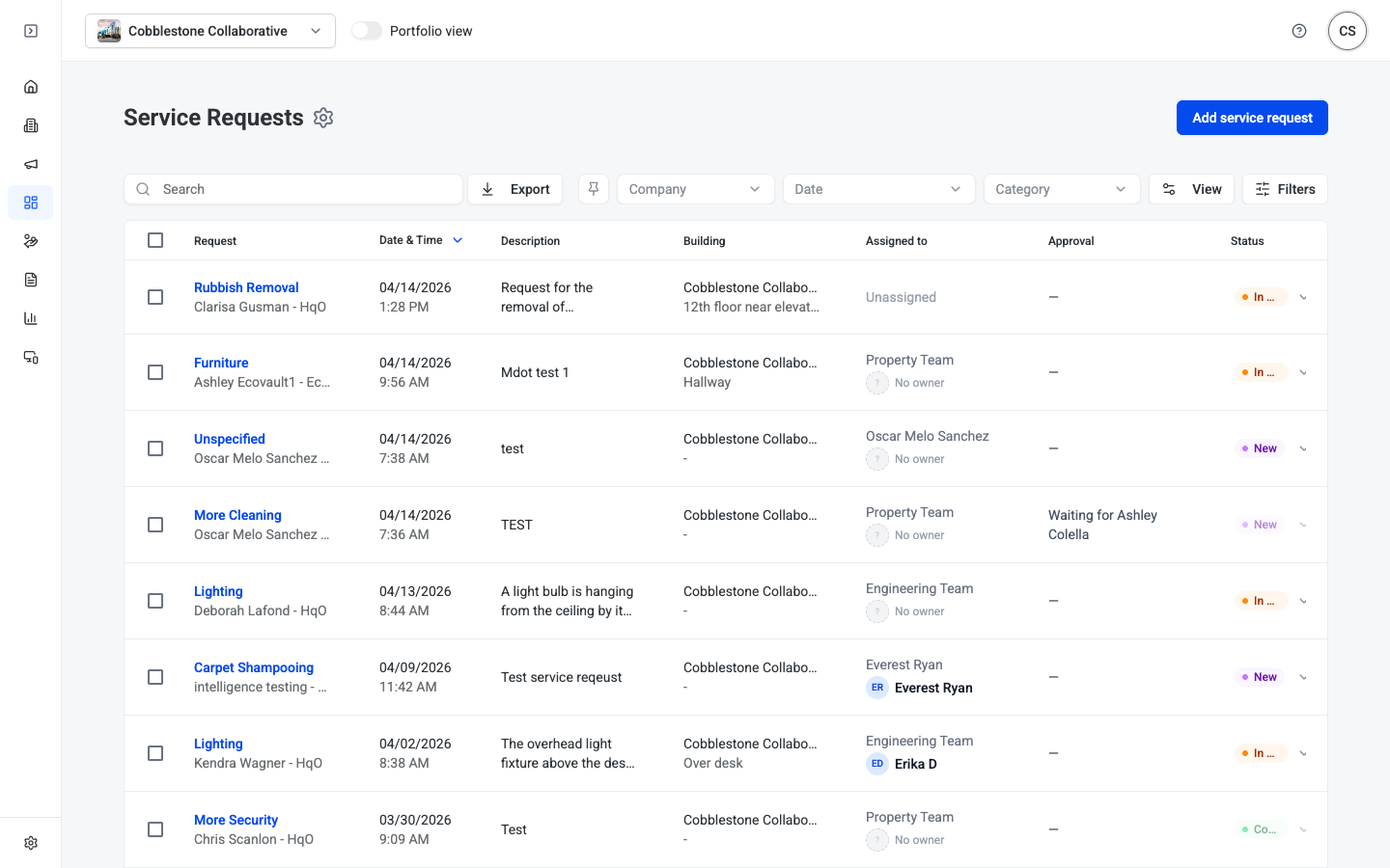 Service Requests table showing tenant requests with type, description, building, assigned team, approval status, and resolution status